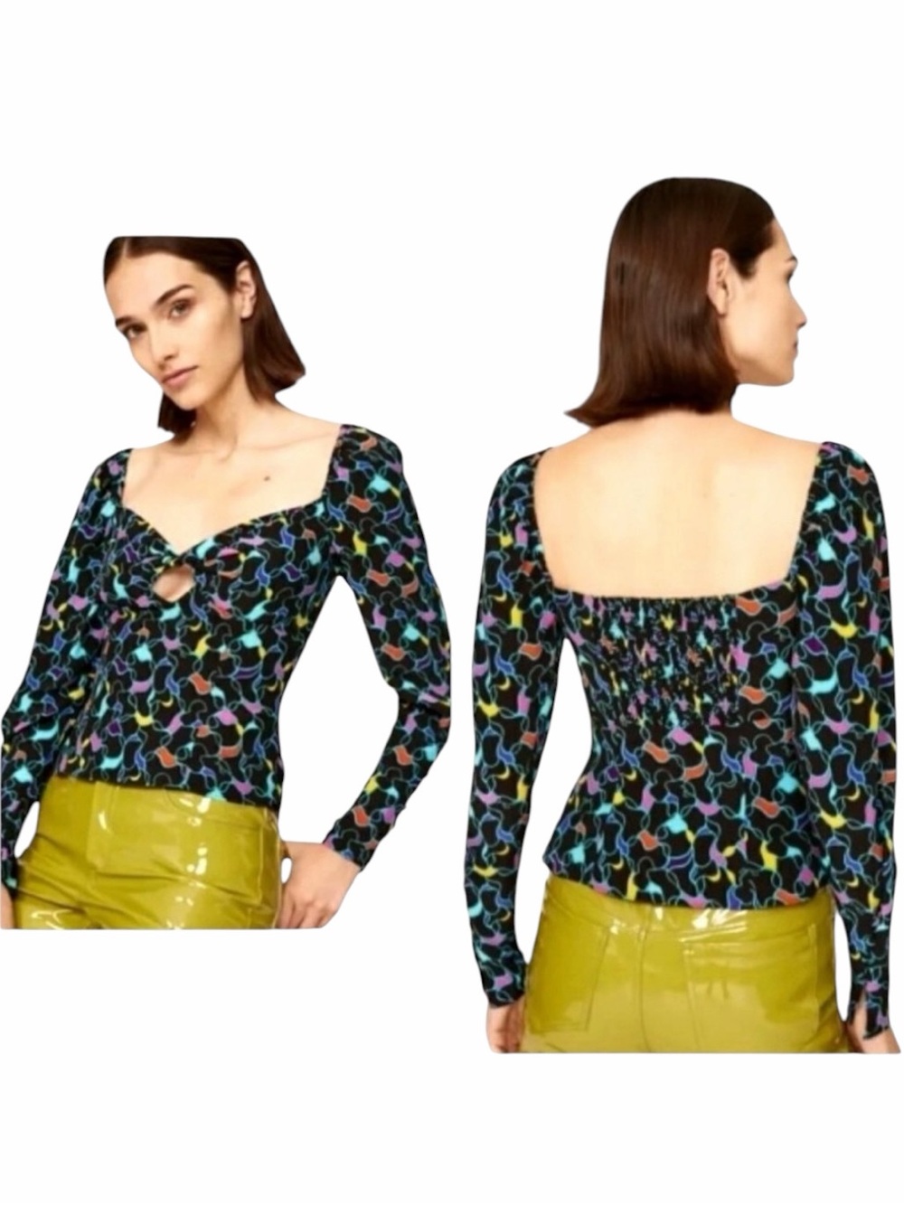 Staud Josephine‎ Top Women 6 Black Abstract Print Long Sleeve Sweetheart Neck